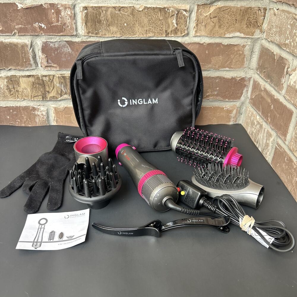Inglam 4 in 1 Blowout Brush Negative Ion Detachable Hair Dryer Gray Pink WORKS